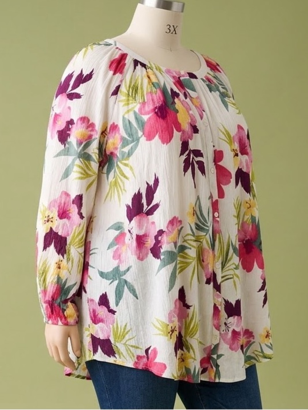 Chaps White Button-Front Floral Blouse Pink & Green Accents 2x or 3x